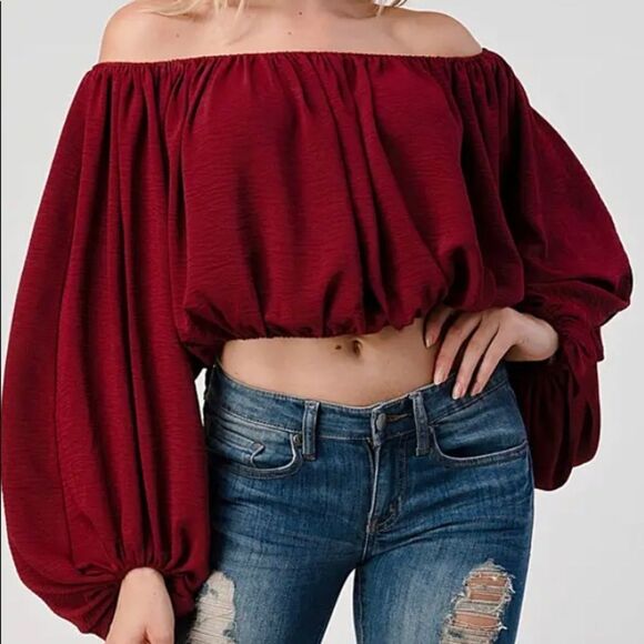 Burgundy Balloon Sleeve Half Top - Picture 1 of 6